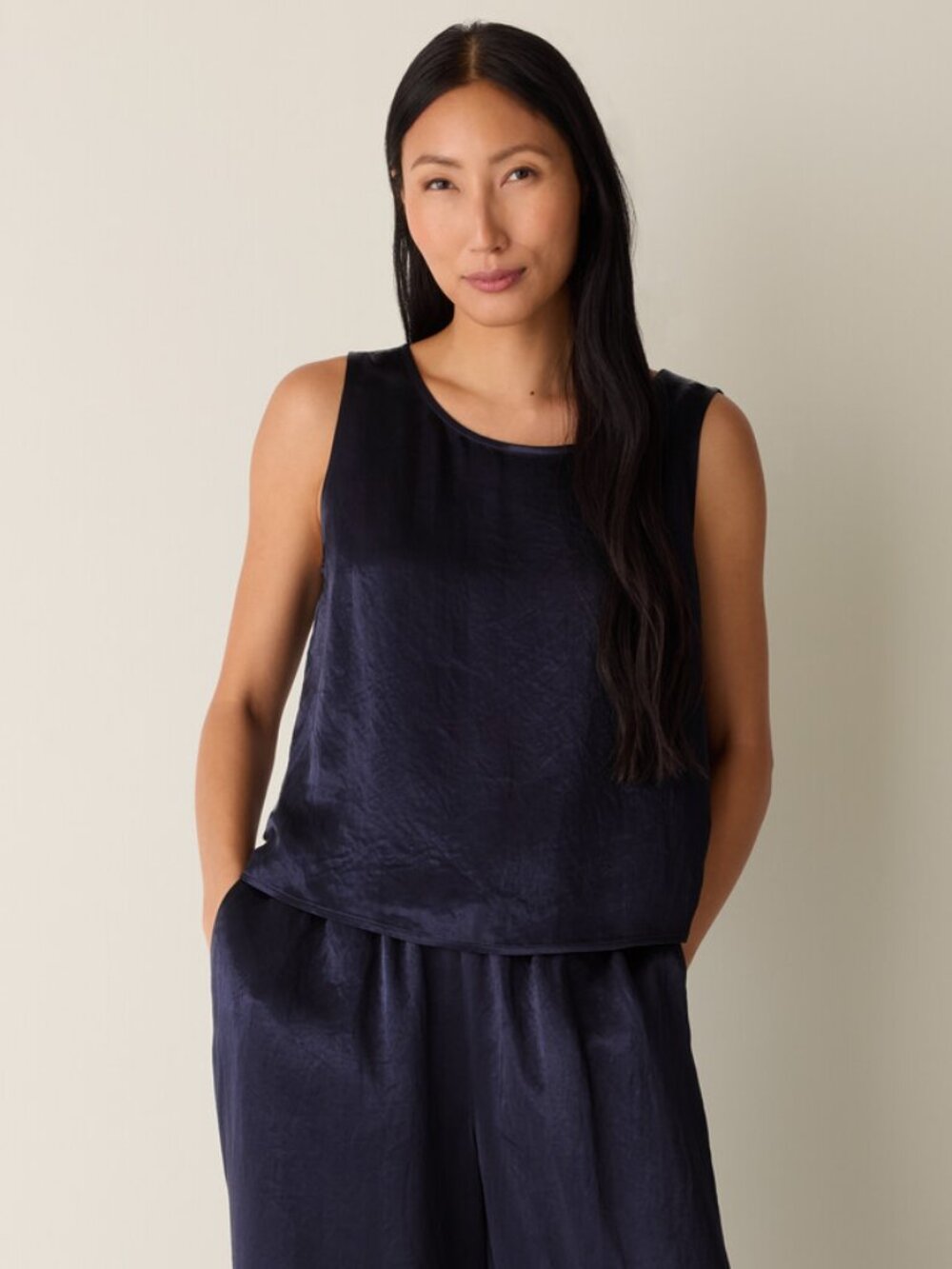 NWT Eileen Fisher INK  Textured Satin Ballet Neck Tank